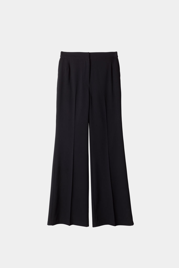 Beline trousers kick flared design crepe full length crease lines at front and back black stylein packshot
