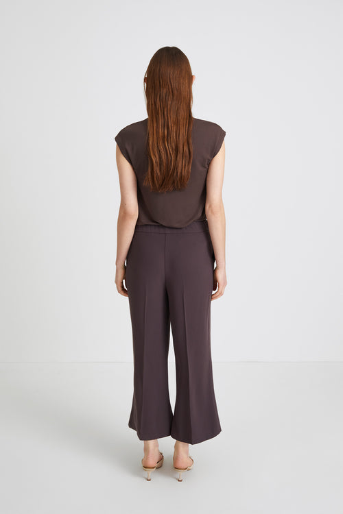 Beline trousers cropped kick flared crepe ankle length crease lines front back dark brown stylein back image
