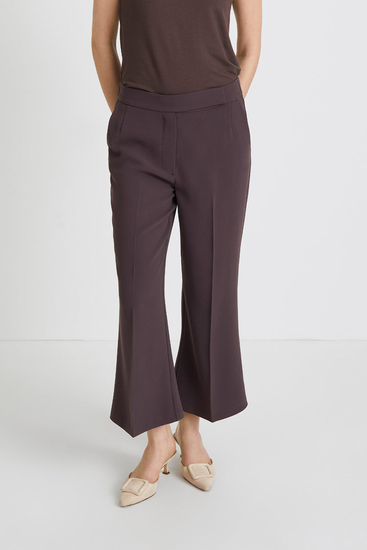 Beline trousers cropped kick flared crepe ankle length crease lines front back dark brown stylein front close image