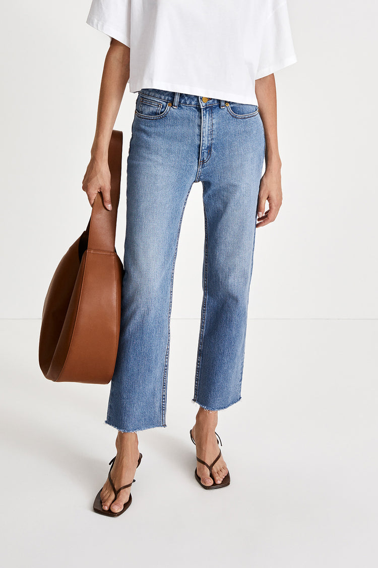 Kingston jeans cropped straight fit denim high waisted raw edge hem blue stylein front close image