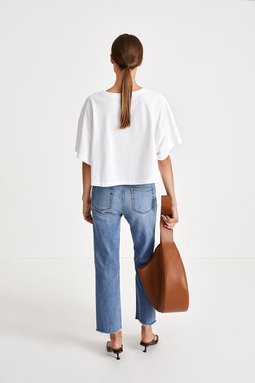 Kingston jeans cropped straight fit denim high waisted raw edge hem blue stylein back image