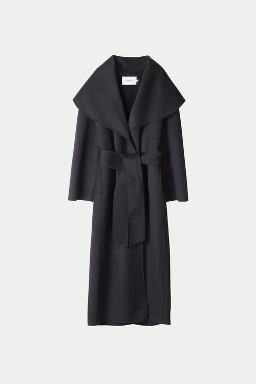 Termoli long coat belted doble faced wool blend shawl collar single button black stylein packshot