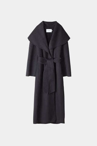 Termoli long coat belted doble faced wool blend shawl collar single button black stylein packshot