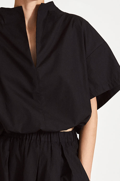 Jilly shirt voluminous vneck subtle high neck short wide sleeves gathered bottom hem black stylein detail image