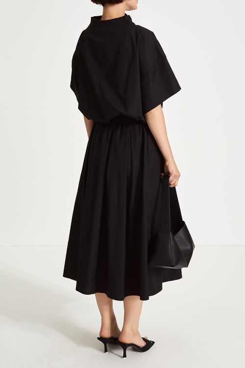 Jilly shirt voluminous vneck subtle high neck short wide sleeves gathered bottom hem black stylein back image