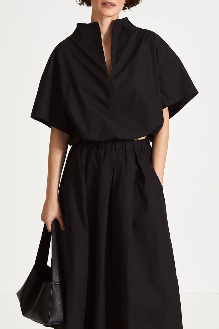 Jilly shirt voluminous vneck subtle high neck short wide sleeves gathered bottom hem black stylein front image