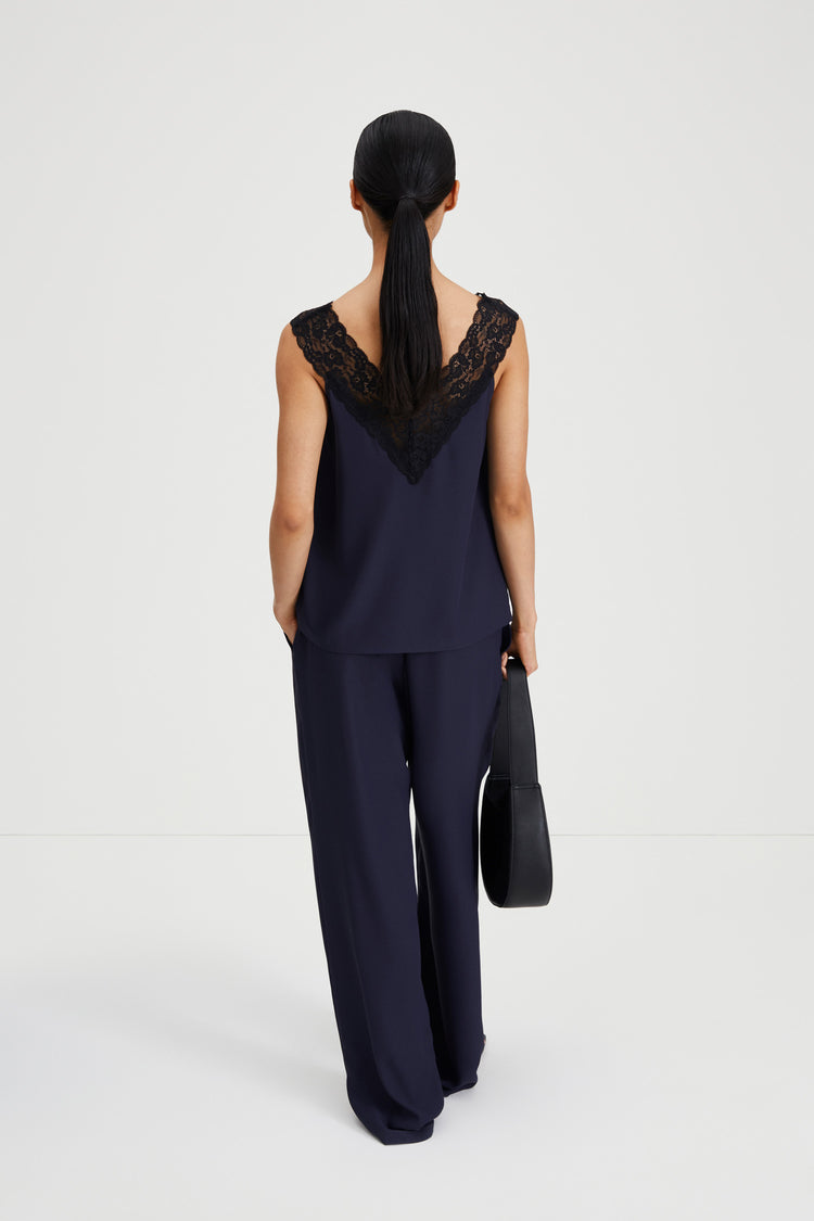 Mede top sleeveless v neck lace trim midnight navy black stylein back image