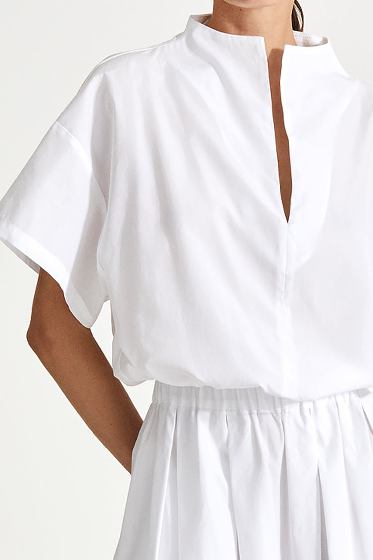 Jilly shirt voluminous vneck subtle high neck short wide sleeves gathered bottom hem white stylein detail image