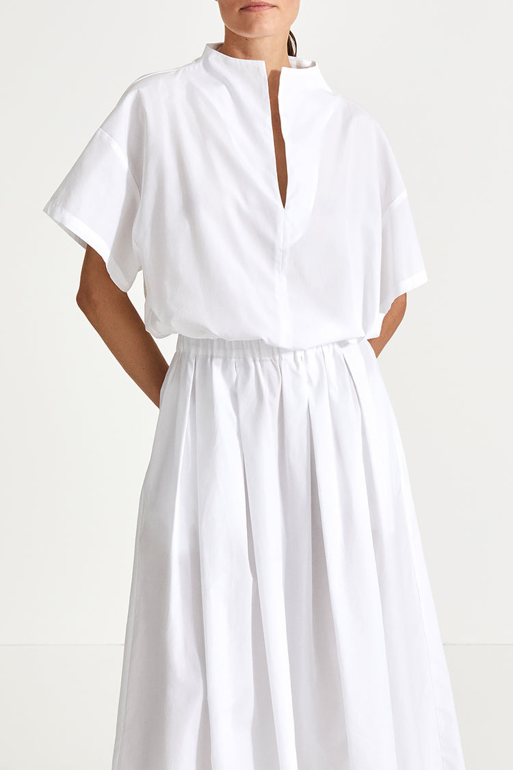 Jilly shirt voluminous vneck subtle high neck short wide sleeves gathered bottom hem white stylein front image