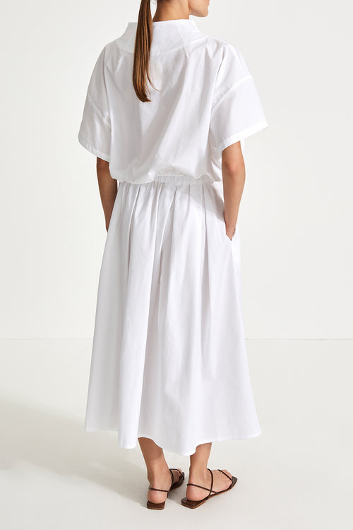 Jilly shirt voluminous vneck subtle high neck short wide sleeves gathered bottom hem white stylein back image