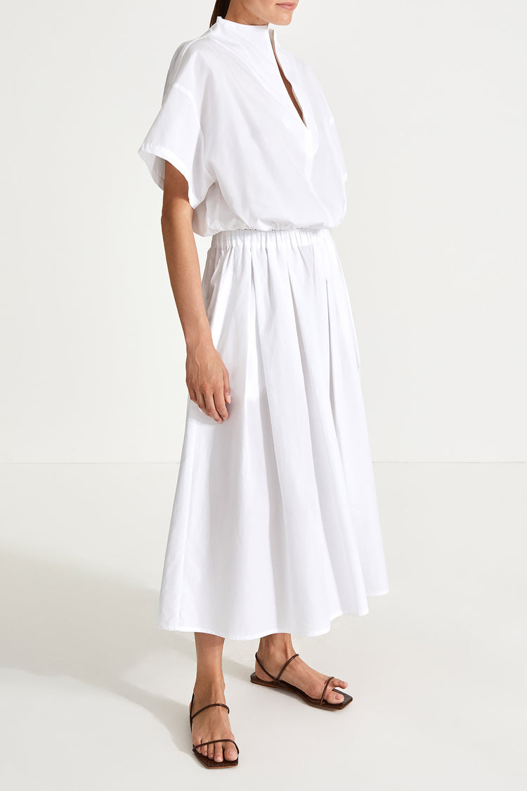 Jilly shirt voluminous vneck subtle high neck short wide sleeves gathered bottom hem white stylein side image