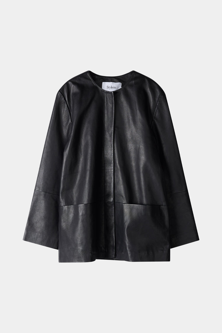 Black leather jacket stylein valencia front close up packshot image