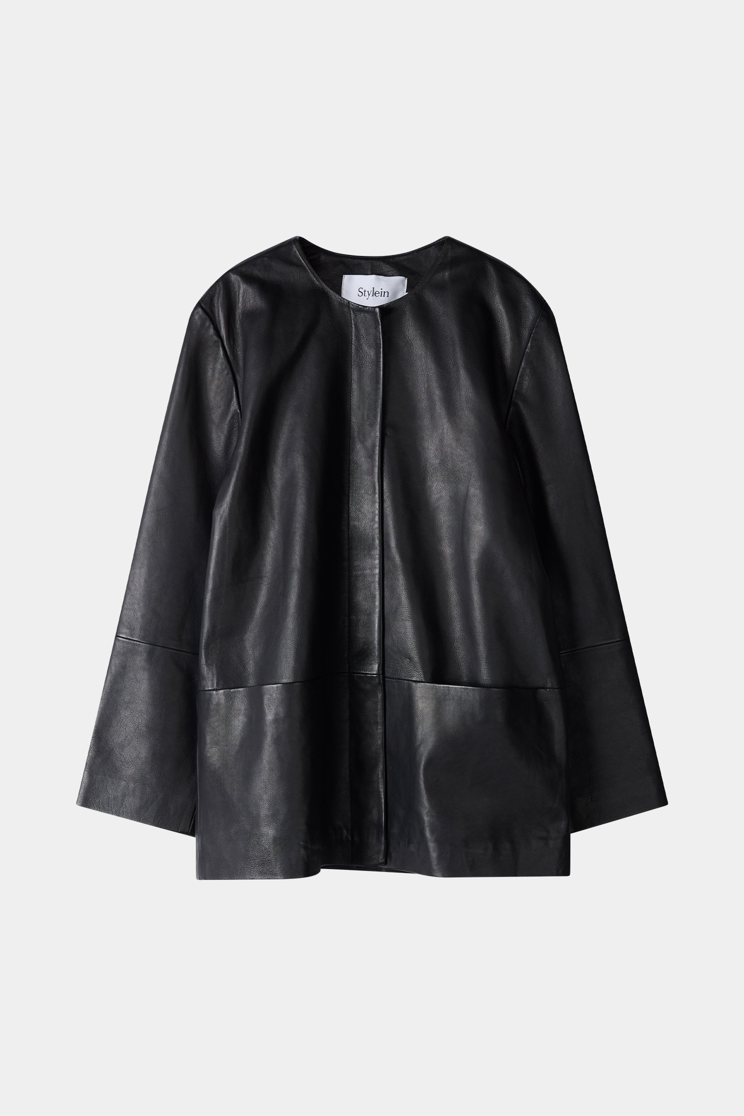 Black leather jacket stylein valencia front close up packshot image