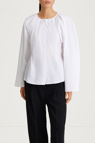 white draped blouse cotton stylein junina close up