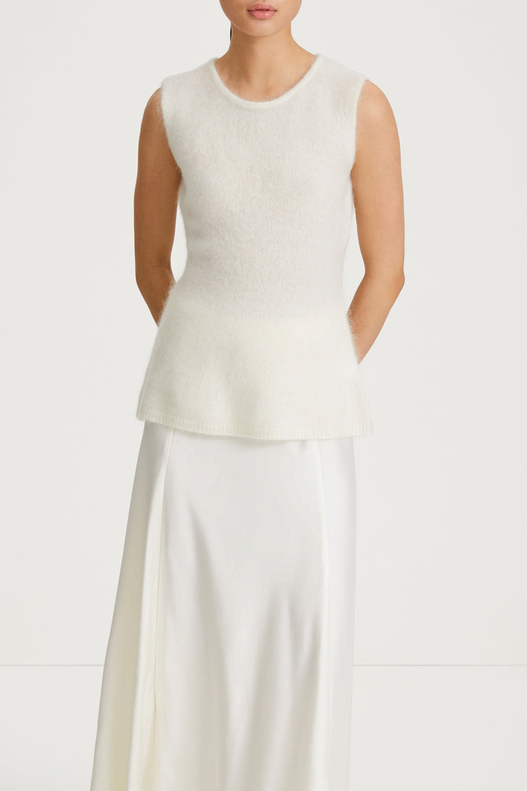 white mohair sleeveless flaired top stylein naya close up