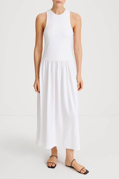 Janni dress tight fitted jersey top softly gathered skirt sleeveless white stylein front image