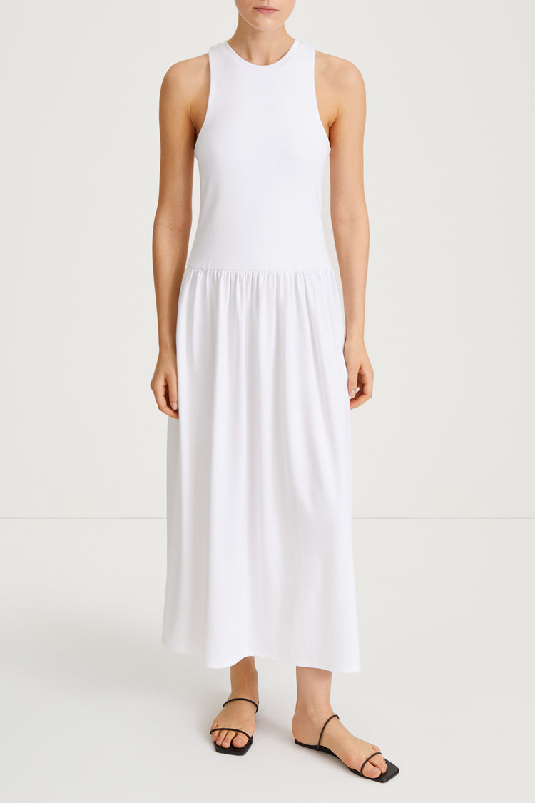 Janni dress tight fitted jersey top softly gathered skirt sleeveless white stylein front image