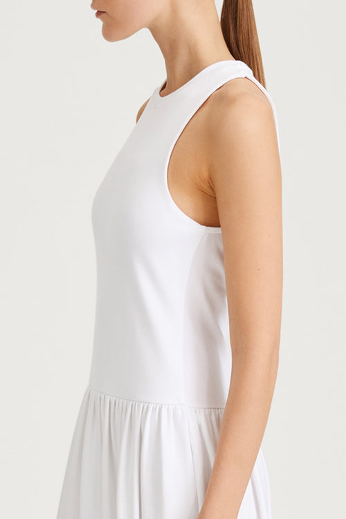 Janni dress tight fitted jersey top softly gathered skirt sleeveless white stylein detail image