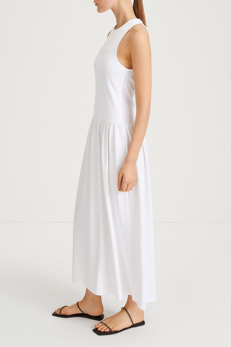 Janni dress tight fitted jersey top softly gathered skirt sleeveless white stylein side image