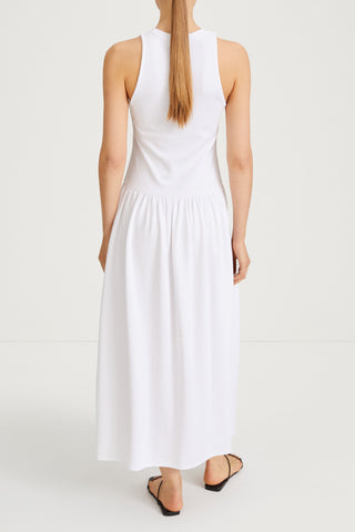 Janni dress tight fitted jersey top softly gathered skirt sleeveless white stylein back image
