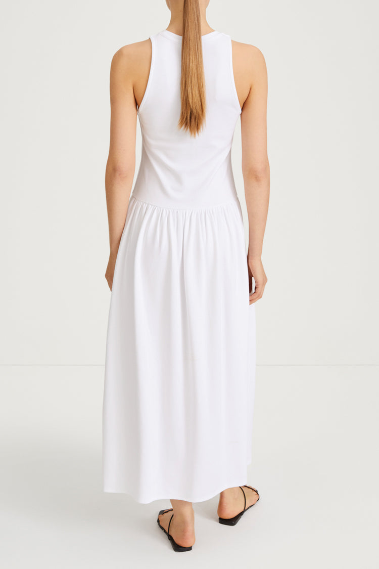Janni dress tight fitted jersey top softly gathered skirt sleeveless white stylein back image