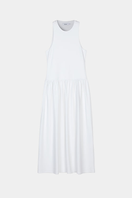 Janni dress tight fitted jersey top softly gathered skirt sleeveless white stylein packshot