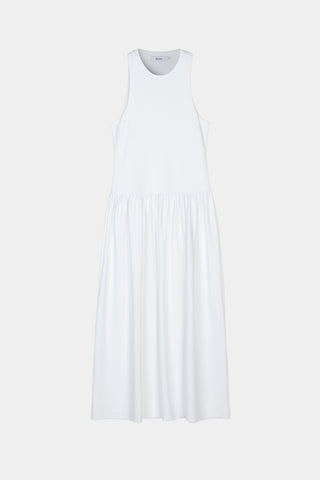 Janni dress tight fitted jersey top softly gathered skirt sleeveless white stylein packshot