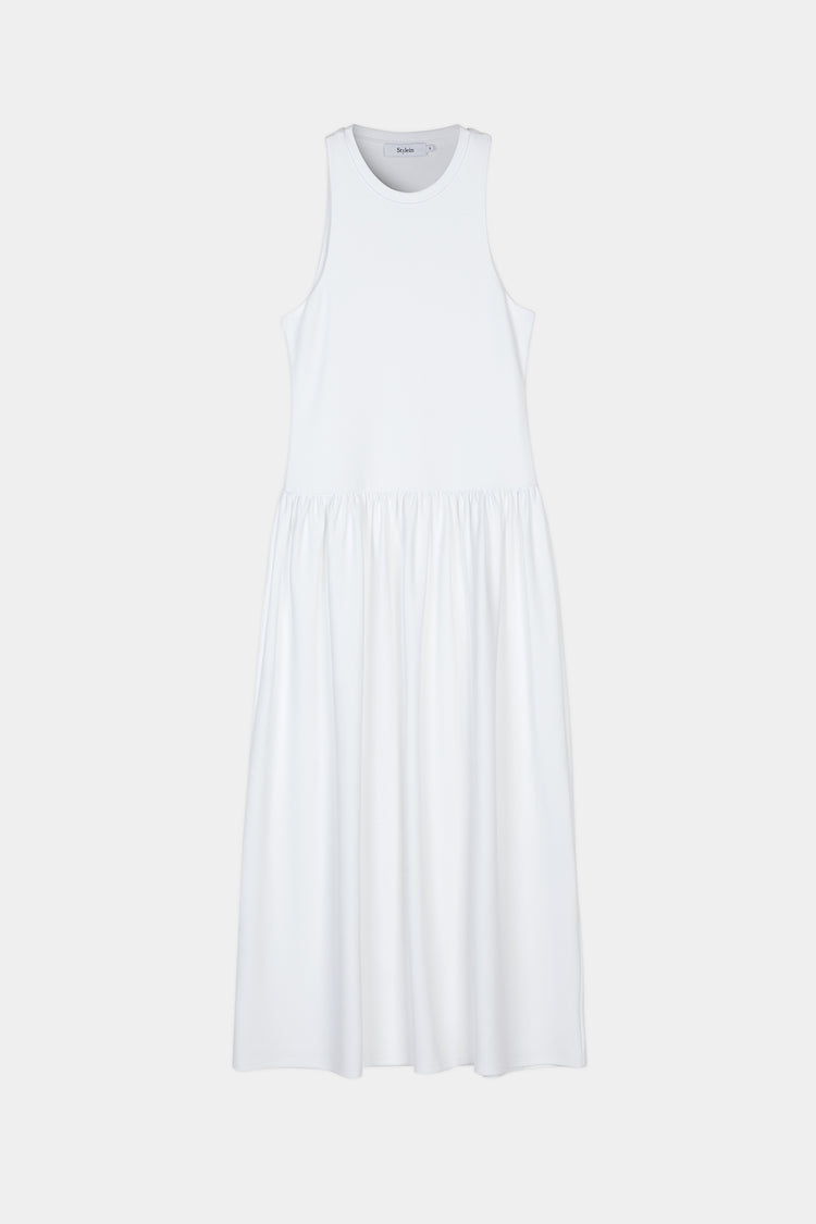 Janni dress tight fitted jersey top softly gathered skirt sleeveless white stylein packshot
