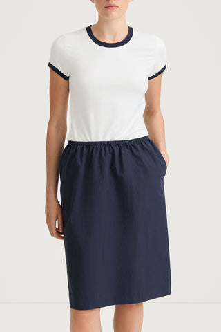 White t-shirt navy trim stylein cleo front close up model image