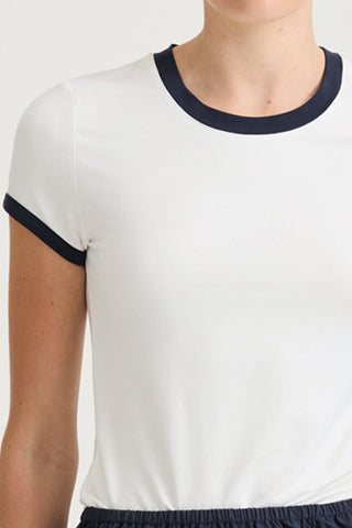 White t-shirt navy trim stylein cleo front  close up model image
