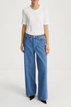 A model wearing a white crew-neck t-shirt and blue wide-leg denim jeans, standing against a plain white studio background.