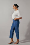 Kasey is a pair of classic straight fitted denim jeans with cropped length and mid-waist made in a more sustainable BCI cotton.