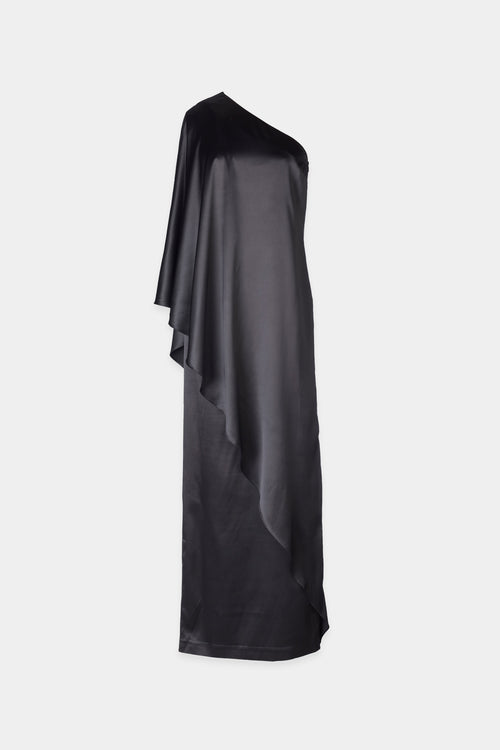 Magdalena dress straight fitted one shoulder full length draping black stylein packshot
