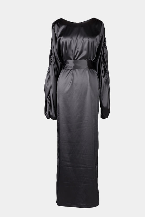 Maia dress maxi wide full length sleeves gathering detail shoulder seams rounded neckline belt waist black stylein packshot