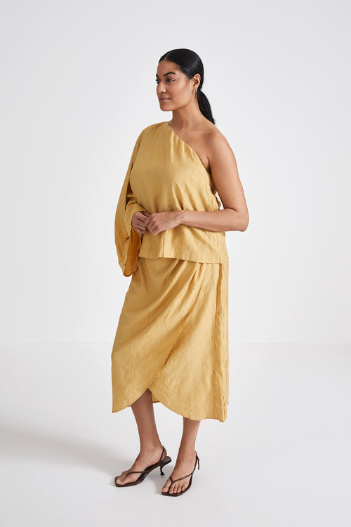 Massa top one shoulder voluminous kimono full length sleeve yellow stylein side image