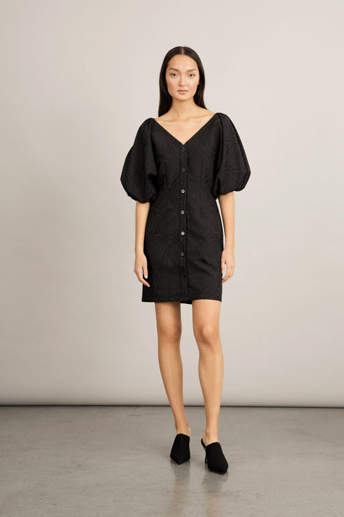 Brera dress semi fitted voluminous sleeves buttons front v neck black jacquard stylein front image