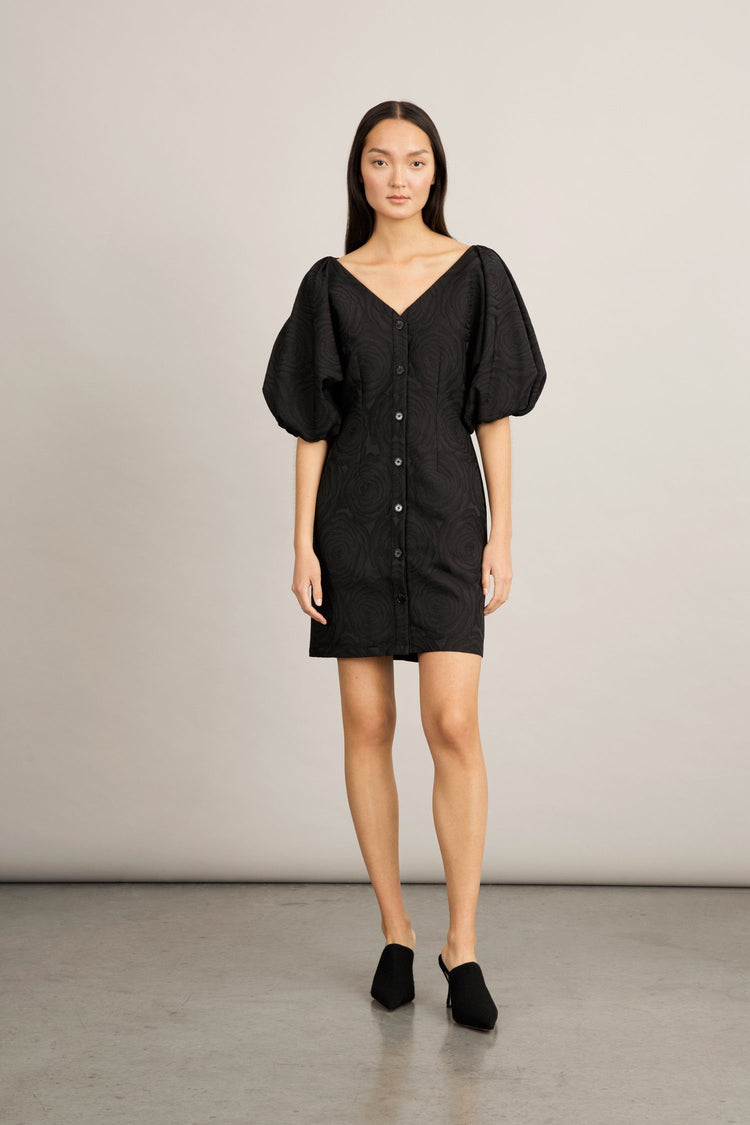 Brera dress semi fitted voluminous sleeves buttons front v neck black jacquard stylein front image