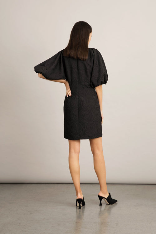 Brera dress semi fitted voluminous sleeves buttons front v neck black jacquard stylein  back image
