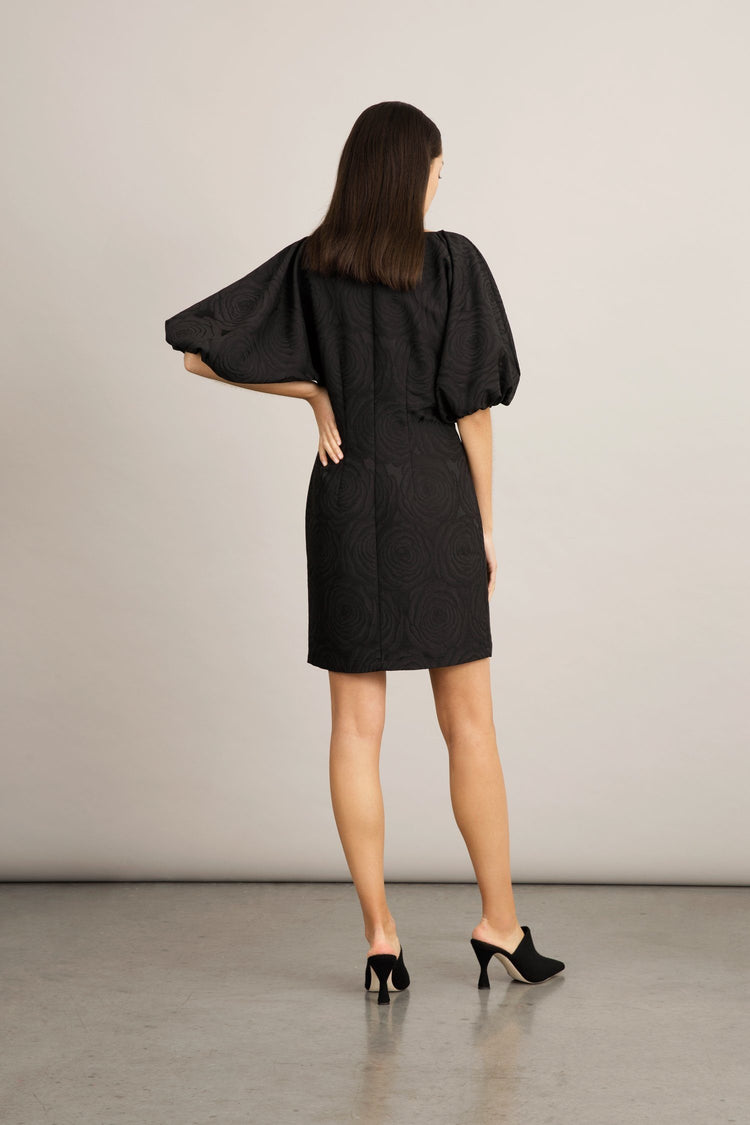Brera dress semi fitted voluminous sleeves buttons front v neck black jacquard stylein  back image