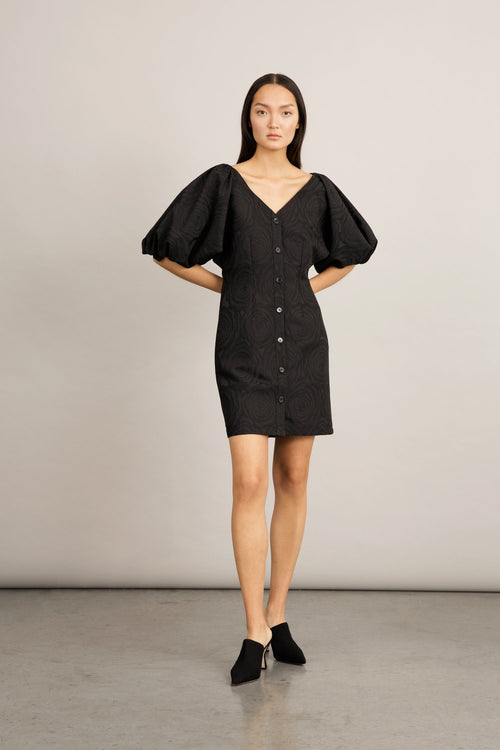 Brera dress semi fitted voluminous sleeves buttons front v neck black jacquard stylein front image
