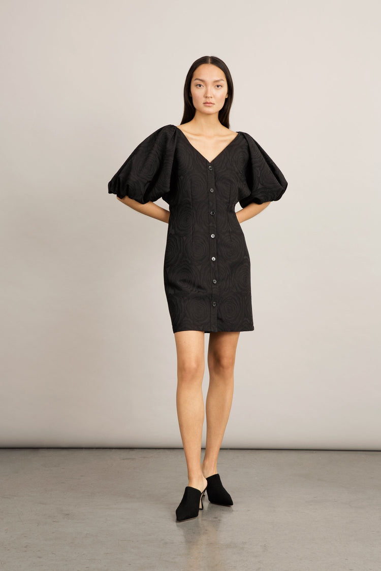 Brera dress semi fitted voluminous sleeves buttons front v neck black jacquard stylein front image