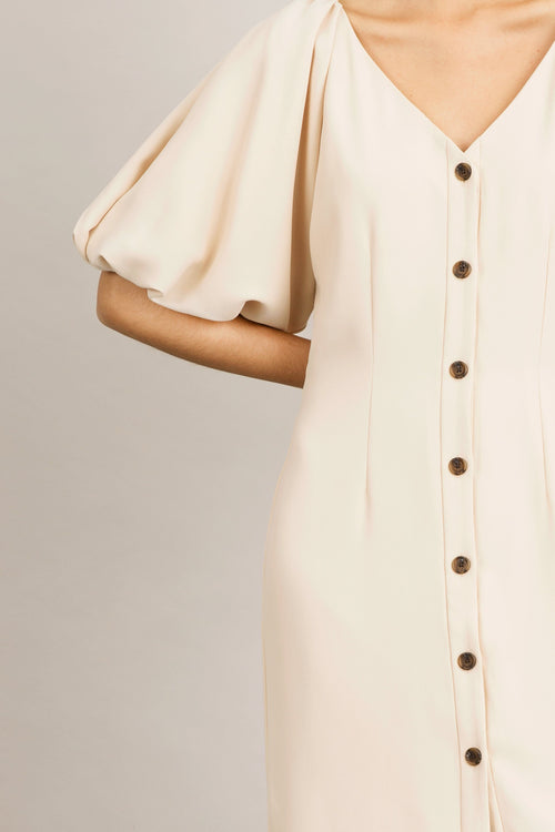 Brera dress semi fitted voluminous sleeves buttons front v neck cream stylein detail image front