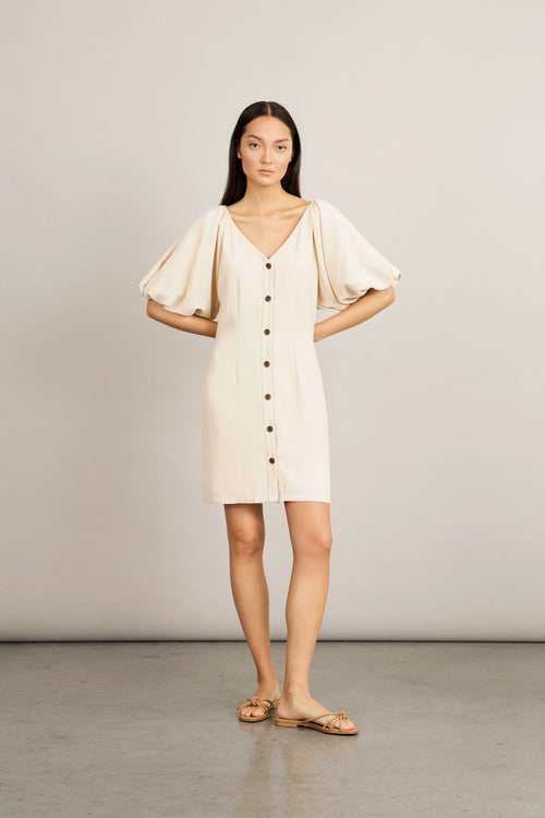 Brera dress semi fitted voluminous sleeves buttons front v neck cream stylein front image