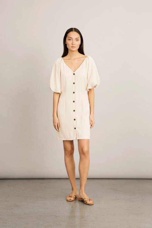 Brera dress semi fitted voluminous sleeves buttons front v neck cream stylein front image