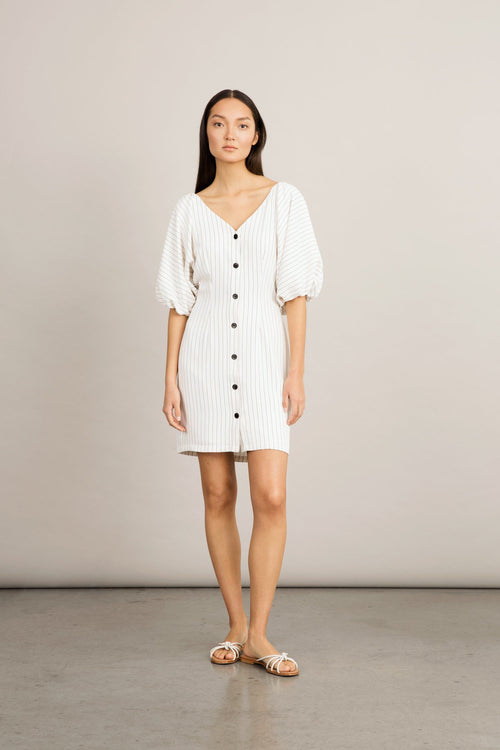 Brera dress semi fitted voluminous sleeves buttons front v neck pinstripe white stylein front image
