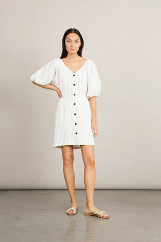 Brera dress semi fitted voluminous sleeves buttons front v neck pinstripe white stylein front image