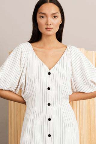 Brera dress semi fitted voluminous sleeves buttons front v neck pinstripe white stylein close image front 