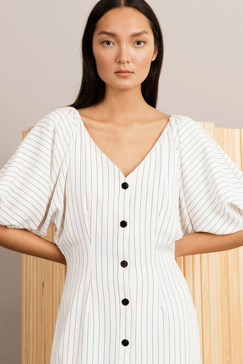 Brera dress semi fitted voluminous sleeves buttons front v neck pinstripe white stylein close image front 
