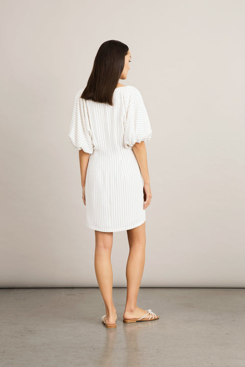 Brera dress semi fitted voluminous sleeves buttons front v neck pinstripe white stylein back image