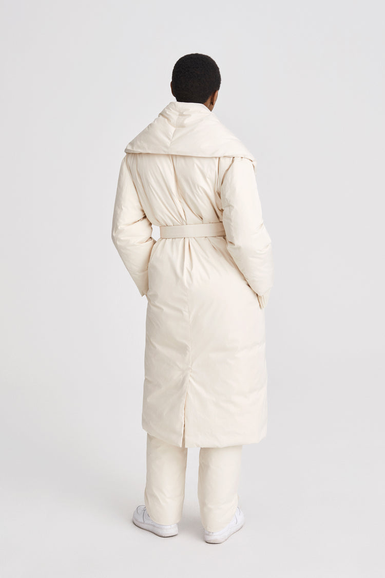 Habo coat padded calf length one piece shawl collar voluminous belted cream stylein back image